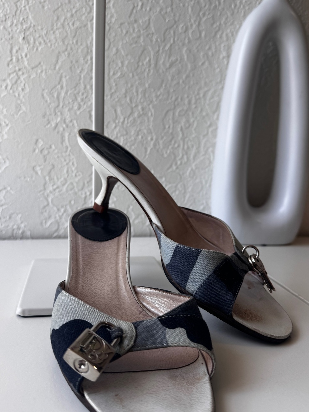 Christian Dior Blue Camo Kitten Heels With Lock and Keys Sz 37